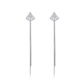 925 Sterling Silver Simple Fan Tassel Earrings With Cubic Zircon Silver - One Size