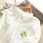 Long-sleeve Floral Embroidered Pocket Shirt Milky White - One Size