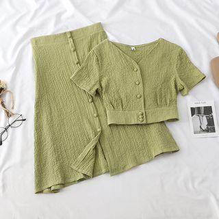 Set: V-neck Short-sleeve Blouse + A-line Skirt