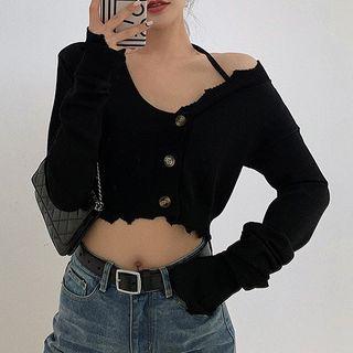 Long-sleeve Irregular Knit Crop Top Black - One Size