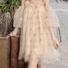 Off-shoulder Star Sequined Mesh Mini A-line Dress Almond - One Size