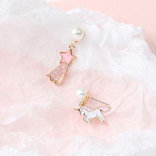 Non-matching Faux Pearl Unicorn & Star Dangle Earring 1 Pair - Pink & White - One Size