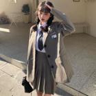 Plain Shirt With Tie / Loose-fit Blazer / Pleated Mini Skirt