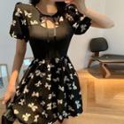 Short-sleeve Bow Print Mini A-line Dress