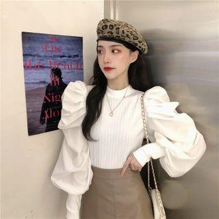 Puff-sleeve Mock-neck Plain Knit Top