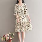 Elbow-sleeve Floral Pleated A-line Dress