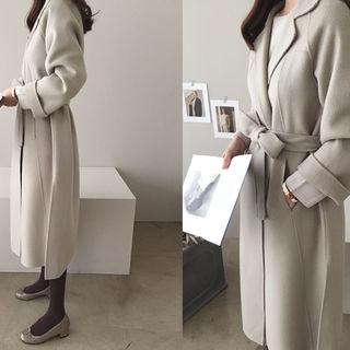 Tie-waist Wool Blend Long Coat
