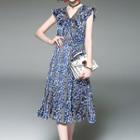 Patterned V-neck Frill Sleeve Dress