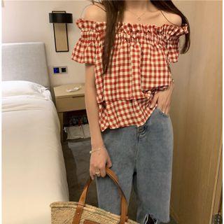 Short-sleeve Off-shoulder Gingham Blouse