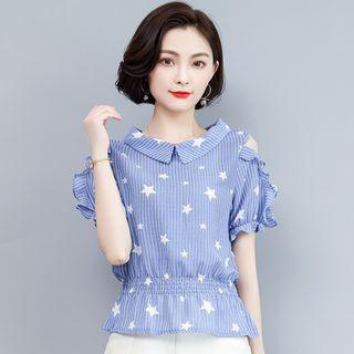 Short-sleeve Star Print Cold-shoulder Chiffon Blouse