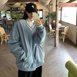 Long Sleeve V-neck Contrast Line Fleeced Sweatshirt
