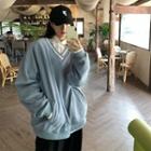 Long Sleeve V-neck Contrast Line Fleeced Sweatshirt