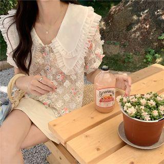 Peter Pan Collar Floral Print Shirt Beige - One Size