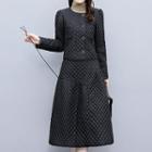 Set: Round Neck Quilted Jacket + Midi A-line Skirt