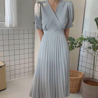V-neck Puff-sleeve Accordion Pleat Midi A-line Dress
