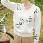 Embroidered V-neck Knit Top White - One Size