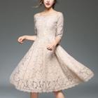 Off-shoulder Elbow-sleeve Midi A-line Lace Dress