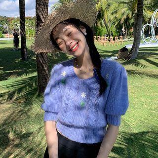 Puff-sleeve Flower Embroidered Knit Top