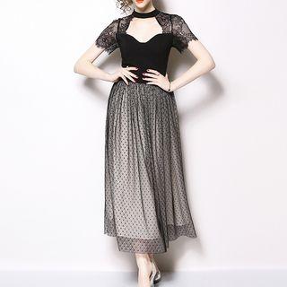 Short-sleeve A-line Maxi Mesh Cocktail Dress