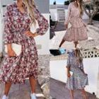 Long-sleeve Floral Print Tiered Midi A-line Dress