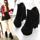 Faux Leather Fringed Platform Chunky Heel Ankle Boots