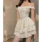 Cold-shoulder Layered Mini A-line Dress White - One Size
