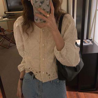 Long-sleeve Embroidered Button-up Blouse Almond - One Size