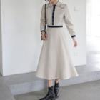 Long-sleeve Collared Contrast Trim Midi A-line Dress