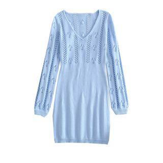 Pointelle Knit Long-sleeve Mini Sheath Dress