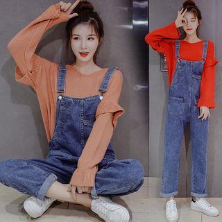 V-neck Sweater / Pocketed Denim Dungarees / Set