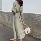 Tie-neck Accordion Pleated Midi A-line Dress