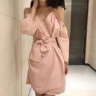 Long-sleeve Cold-shoulder Minidress With Sash Pink - One Size