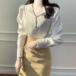 Puff-shoulder Pearly-button Blouse