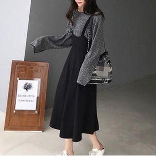 Set: Long Sleeve Ribbed Knit Top + Suspender A-line Dress