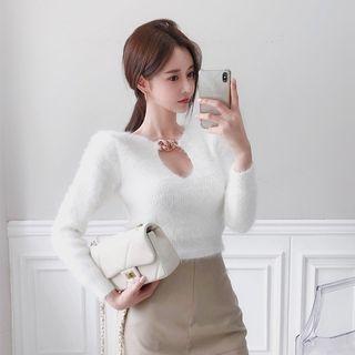 Cutaway-front Chain-trim Sweater