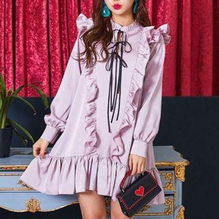 Ruffle Trim Long-sleeve A-line Dress Light Purple - One Size
