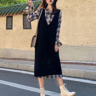 Long-sleeve Plaid Midi Shirt Dress / Long Knit Vest