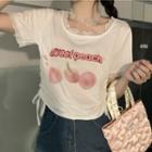 Lace Trim Short-sleeve Peach Print Drawstring T-shirt