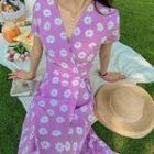 Floral Short-sleeve Wrap-front Midi A-line Dress