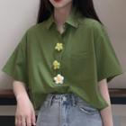 Short-sleeve Floral Embroidered Shirt Shirt - Green - One Size
