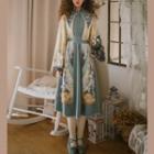 Set: Mock Two-piece Long-sleeve Print Midi A-line Chiffon Dress + Belt
