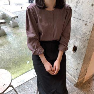 Plain Long-sleeve Blouse / Midi Straight-fit Skirt