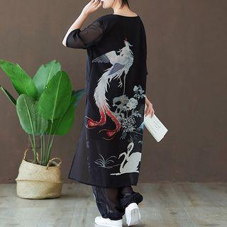 Set: 3/4-sleeve Printed Chiffon High-low Top + Pants