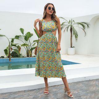 Sleeveless Floral Cutout Midi A-line Dress