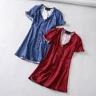 Short-sleeve Frill Trim Patterned A-line Mini Chiffon Dress