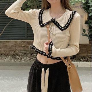 Collar Contrast Trim Cropped Sweater