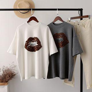 Lip Print Elbow-sleeve T-shirt