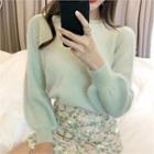 Round-neck Balloon-sleeve Knit Top Mint Green - One Size