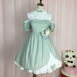 Frilled Neck Cold Shoulder Short-sleeve A-line Dress / Lace Trim Headband