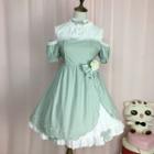 Frilled Neck Cold Shoulder Short-sleeve A-line Dress / Lace Trim Headband